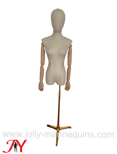 Jolly mannequins natural flexbile beech wooden arms linen fabric egghead female dress form on gold chrome tripod base FT04
