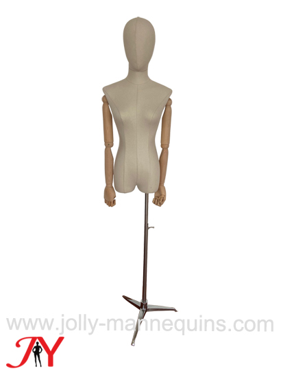 Jolly mannequins adjustable height wooden arms linen fabric female dress form on silver chrome tripod base FT05