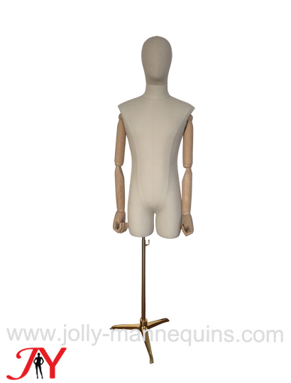 Jolly mannequins flexible wooden arms natural linen male dress form mannequin on gold chrome tripod base MT03